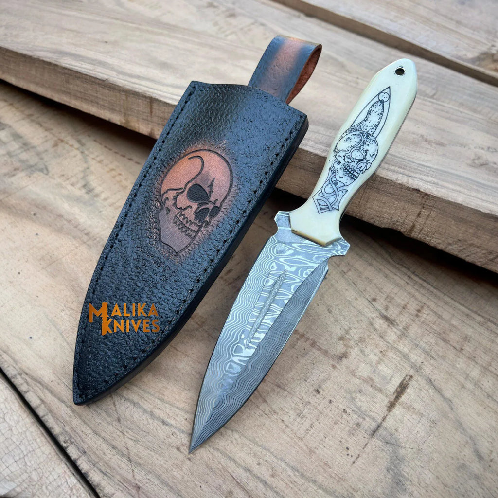 Tactical Dagger knife-SS Damascus-Skull Engraved Camel bone Handle -Custom Skull Leather Sheath-1205