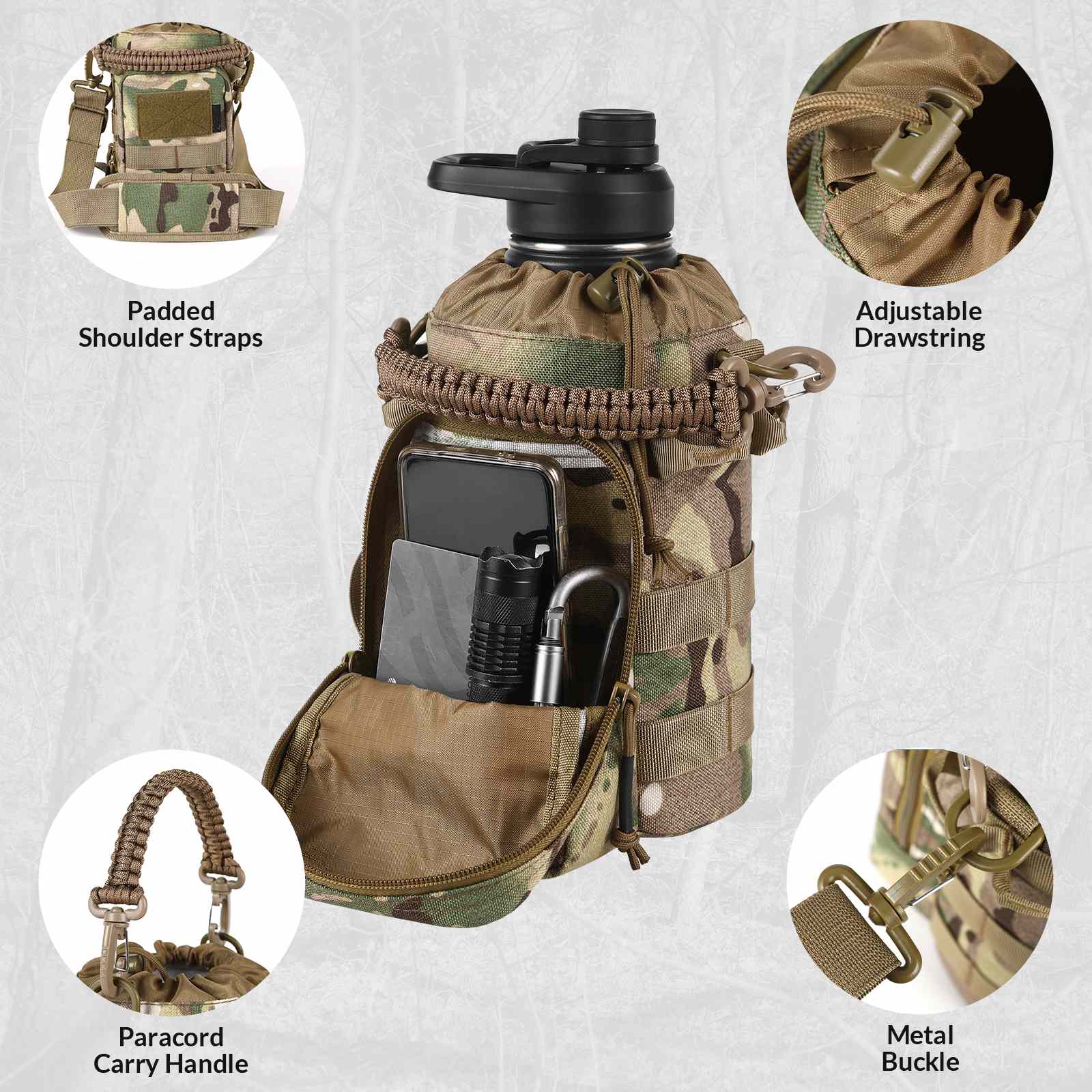 Votagoo 64Oz Half Gallon Stainless Steel Insulated Tactical Water Bottle with Metal Military Water Bottle Tactical Carrier Bag