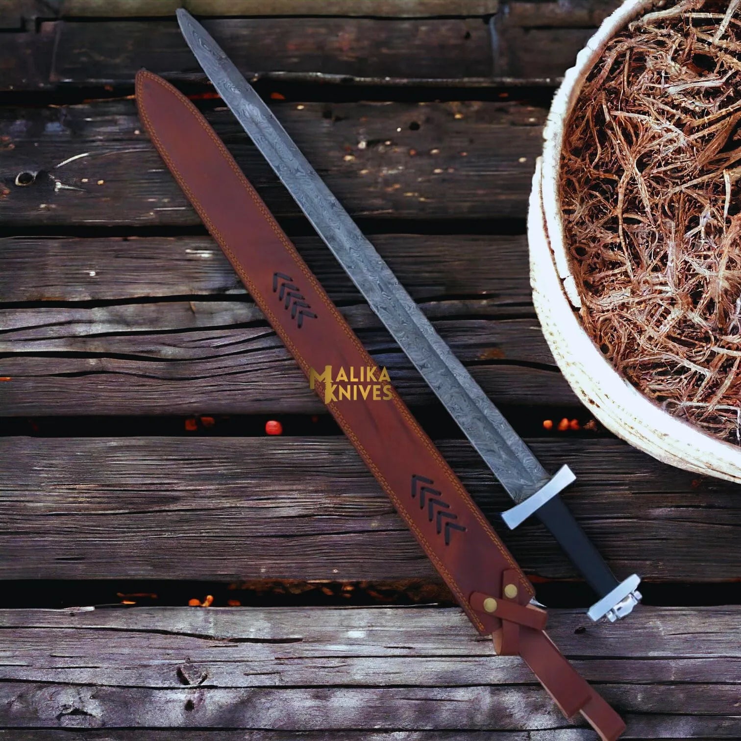 Custom Damascus Viking Sword With SS Pummel & Guard-902