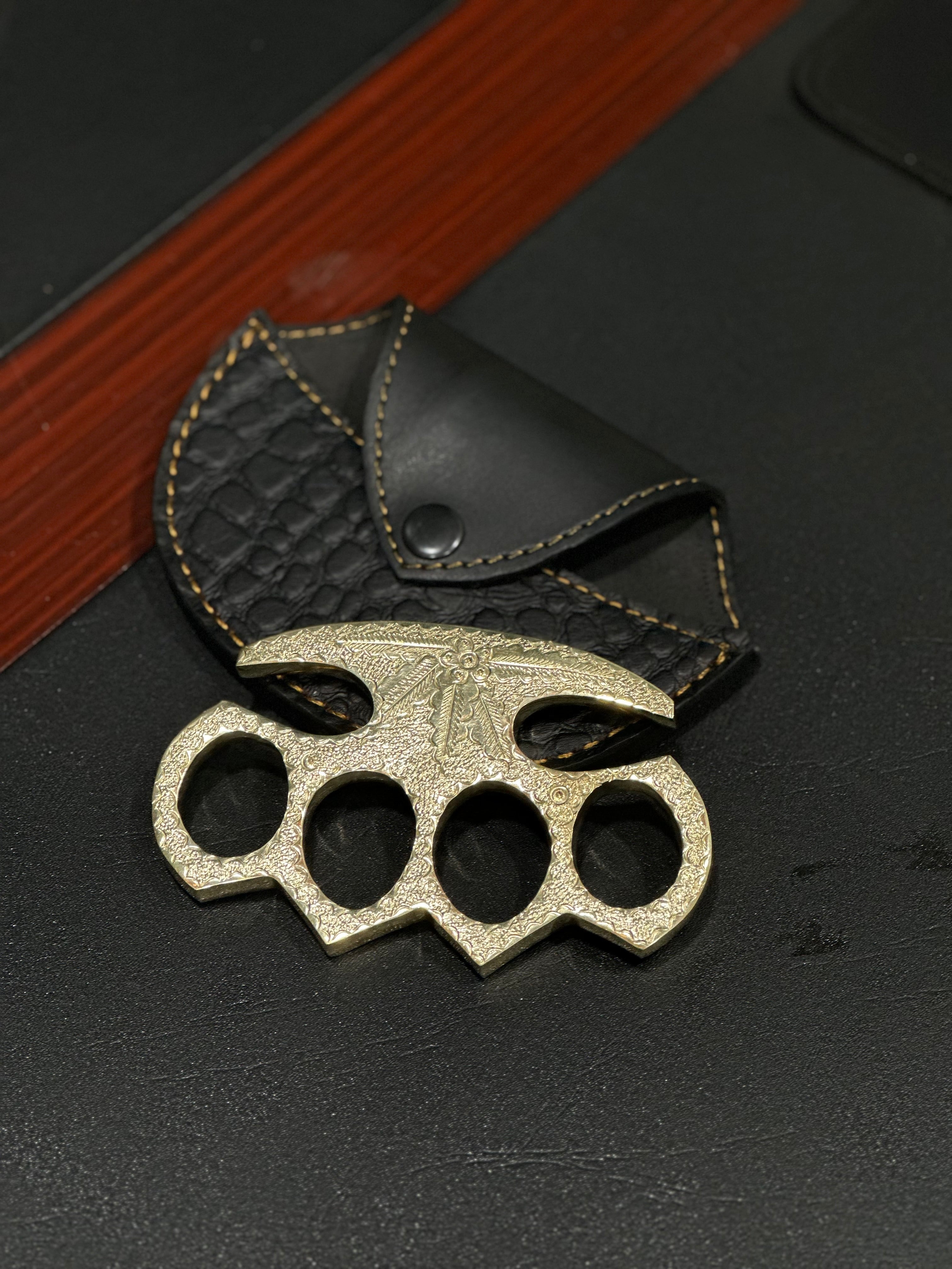 Handmade Antique Brass Knuckles – Vintage Engraved EDC with Leather Sheath