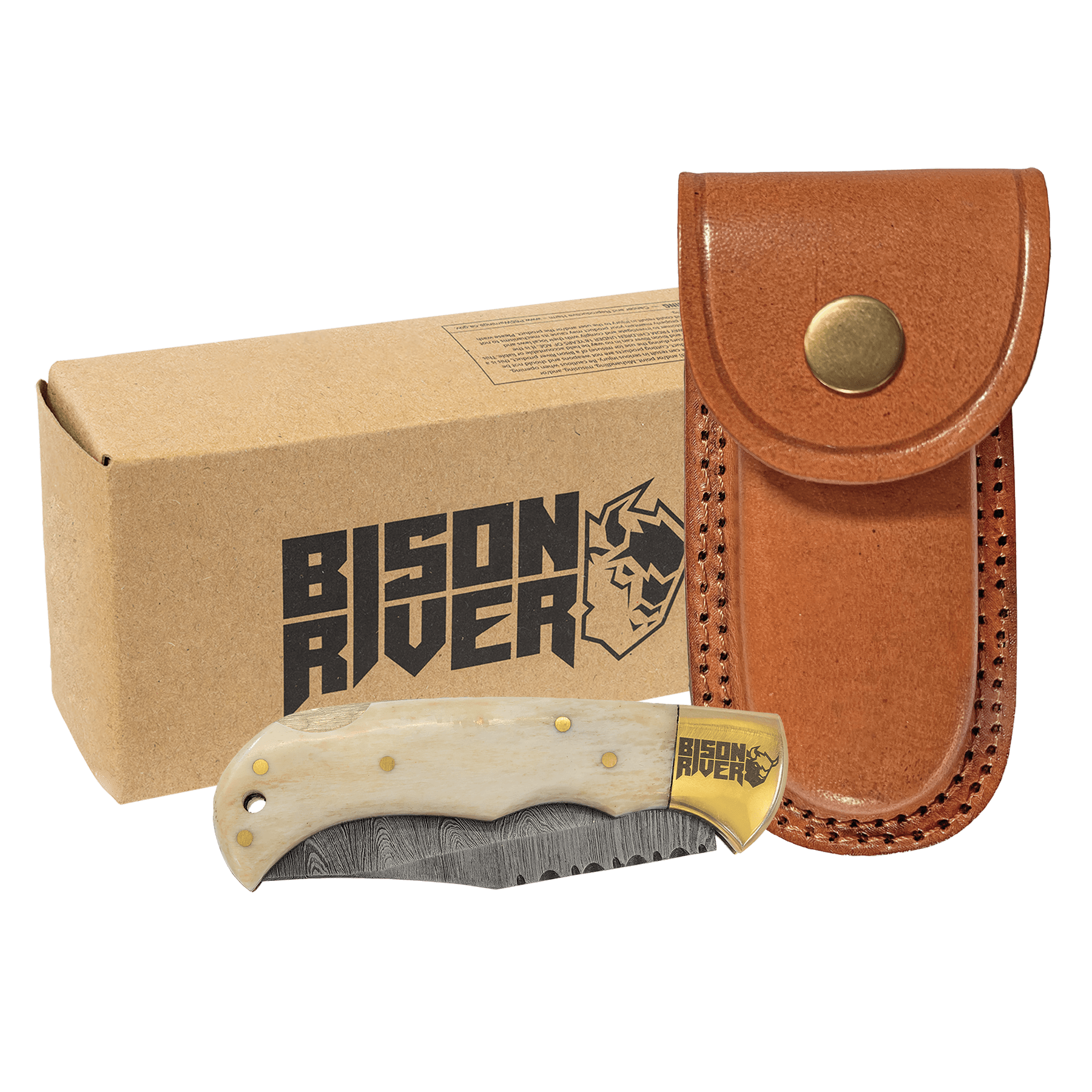 3.75" Damascus Steel Knife with Leather Sheath with Bone
