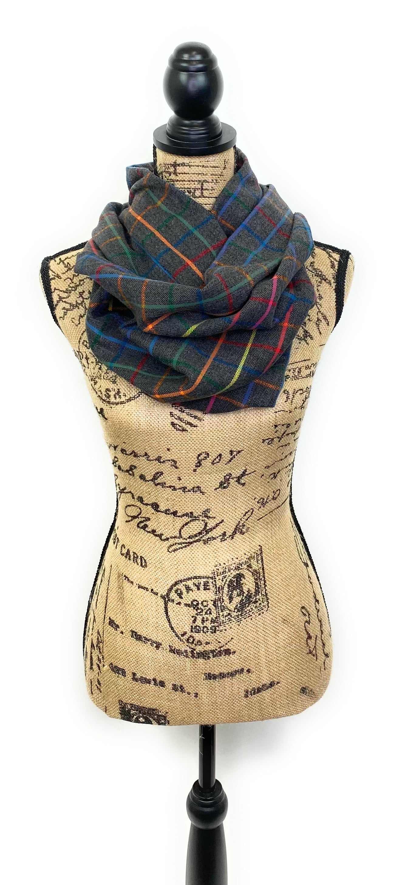 Dark Gray Herringbone with Plaid Stripes in Rainbow Colors Flannel Infinity or Blanket Scarf