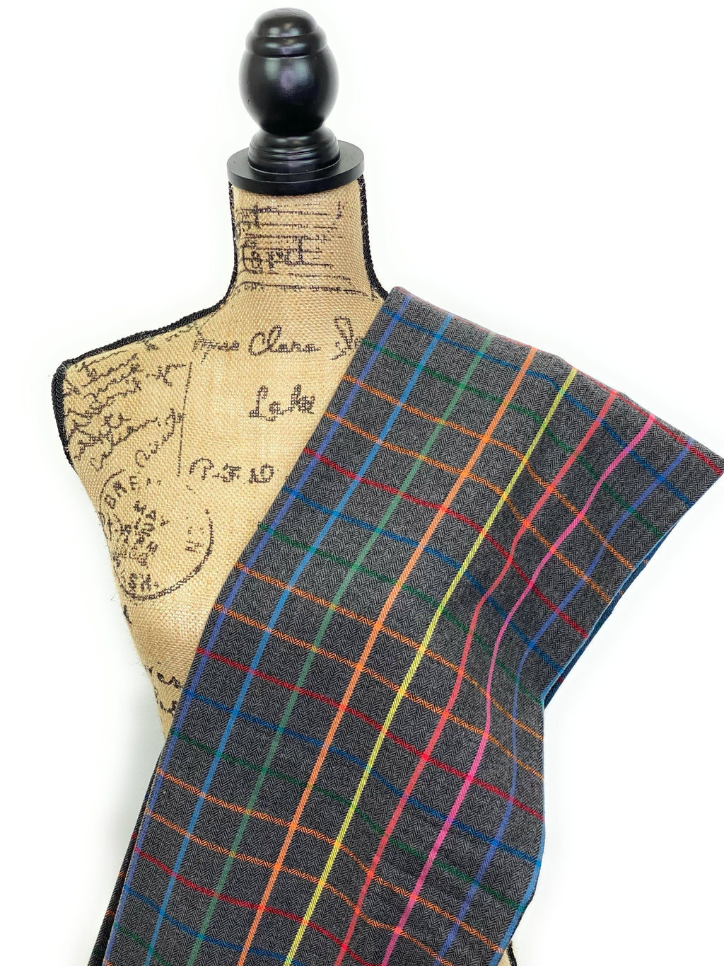 Dark Gray Herringbone with Plaid Stripes in Rainbow Colors Flannel Infinity or Blanket Scarf