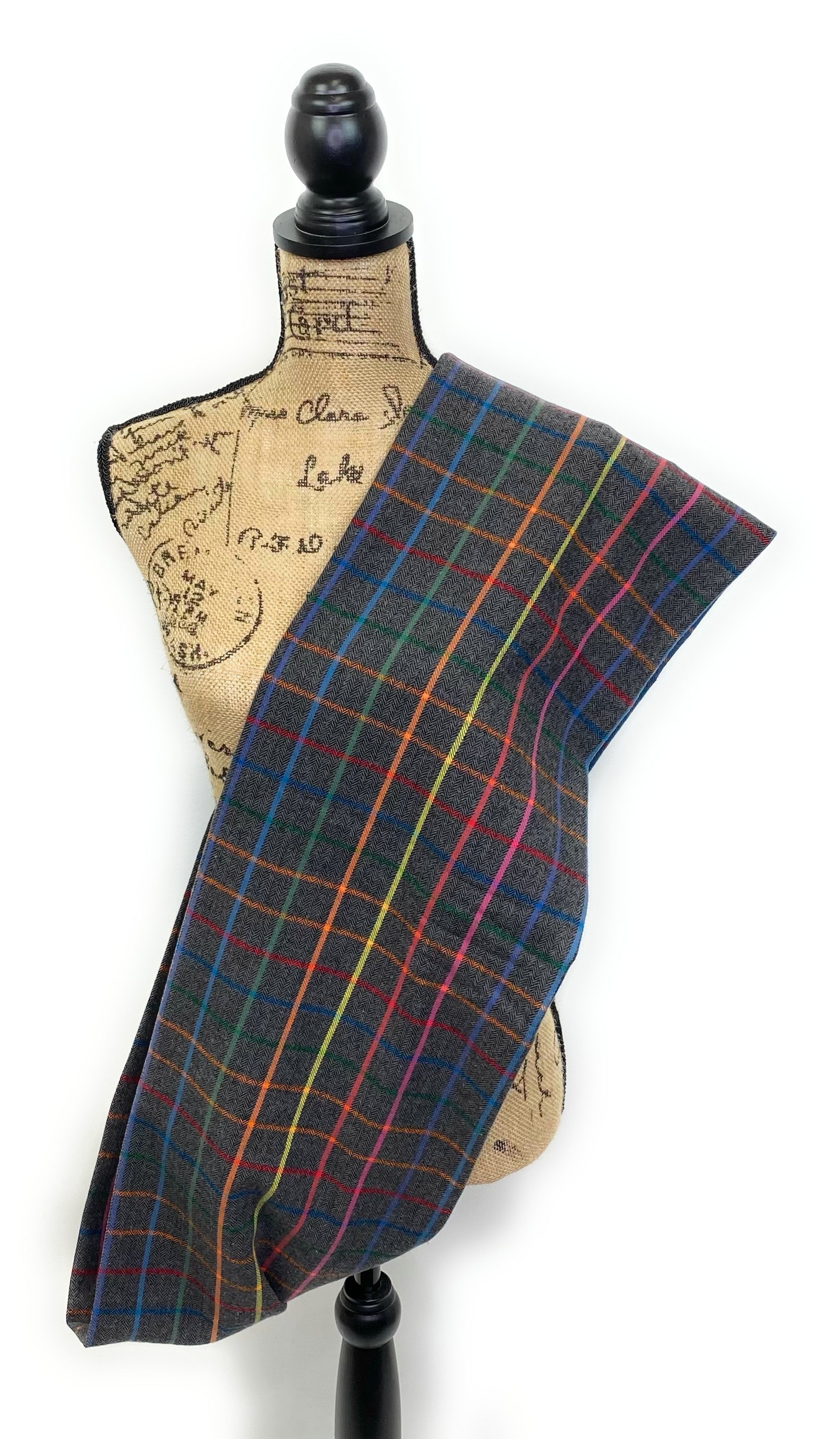 Dark Gray Herringbone with Plaid Stripes in Rainbow Colors Flannel Infinity or Blanket Scarf