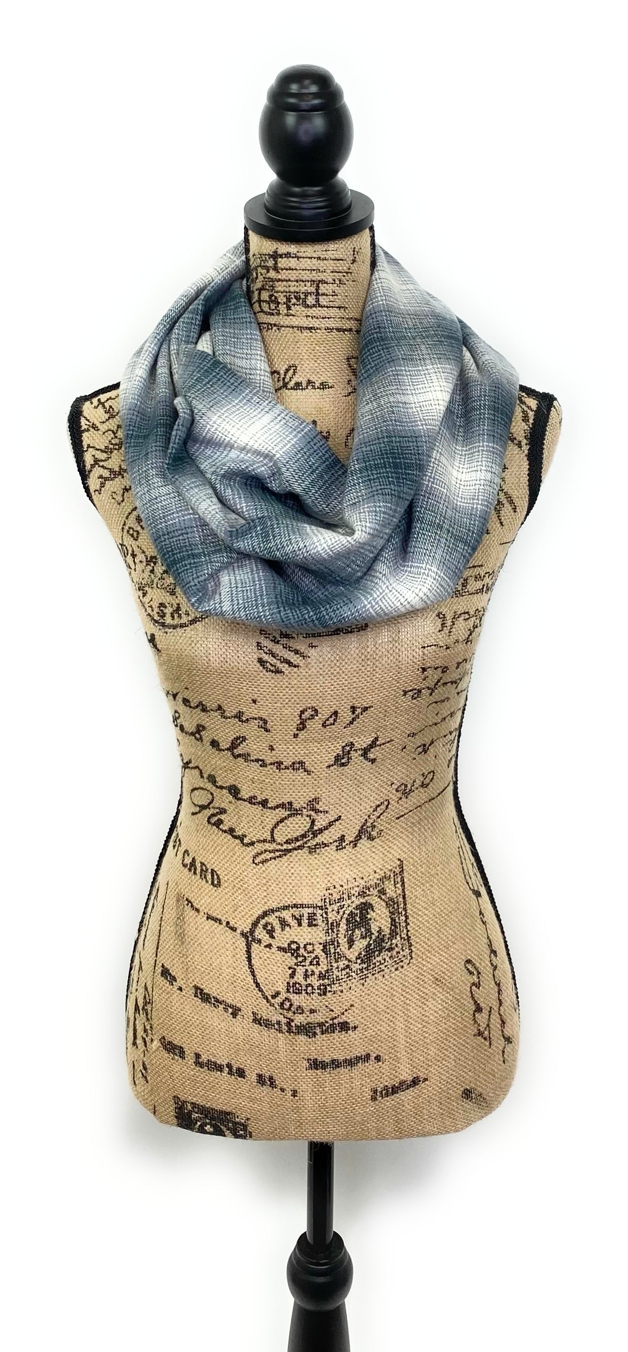 Dark French Blue, Gray, and Cream Ombre Plaid Flannel Infinity or Blanket Scarf