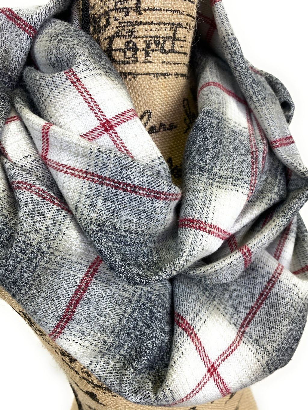 Heather Gray with Light Tan Ombre, White and Red Plaid Medium Weight Flannel Scarf