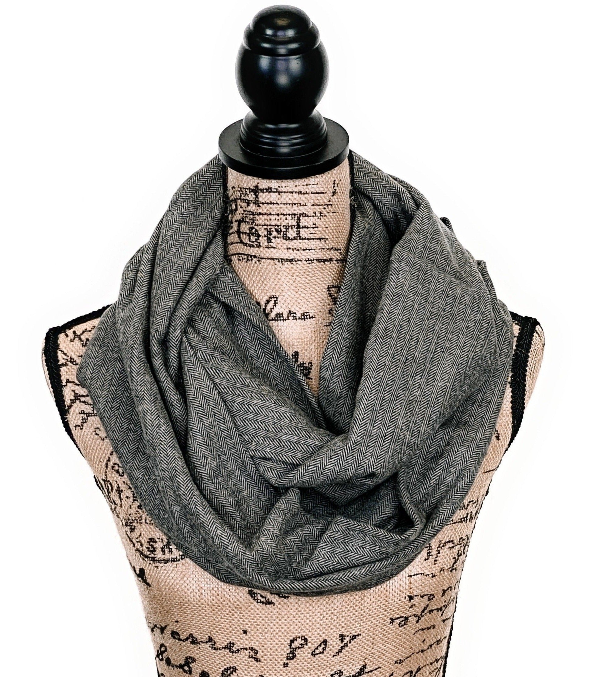 Smokey Gray and Black Herringbone Medium Weight Flannel Scarf