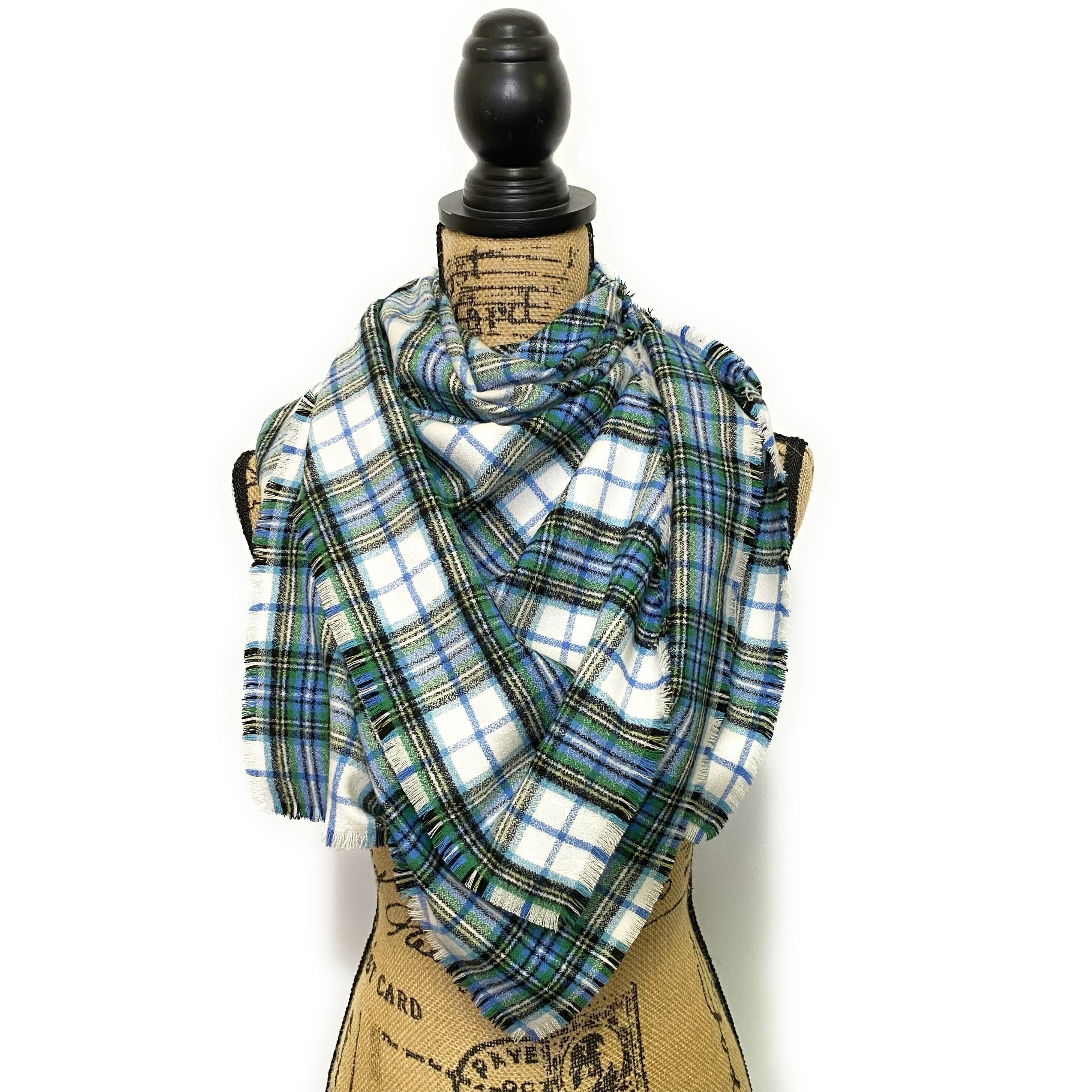 Shades of Blue and Green on White 100% Organic Cotton Plaid Infinity and Blanket Scarves