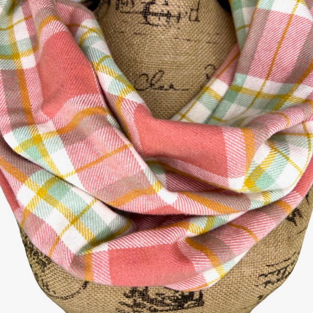 Dusty Salmon Pink, Sage, White and Mustard Yellow Plaid Flannel Infinity or Blanket Scarf