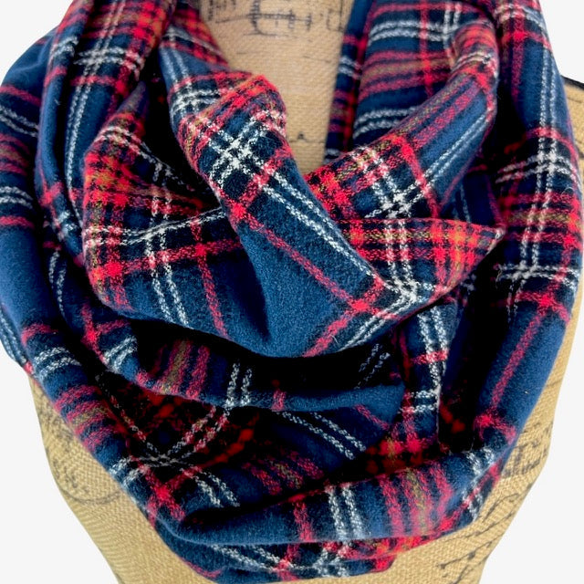 Tartan in Rich Navy, Red, White, Black and Mustard Yellow Plaid Flannel Infinity or Blanket Scarf