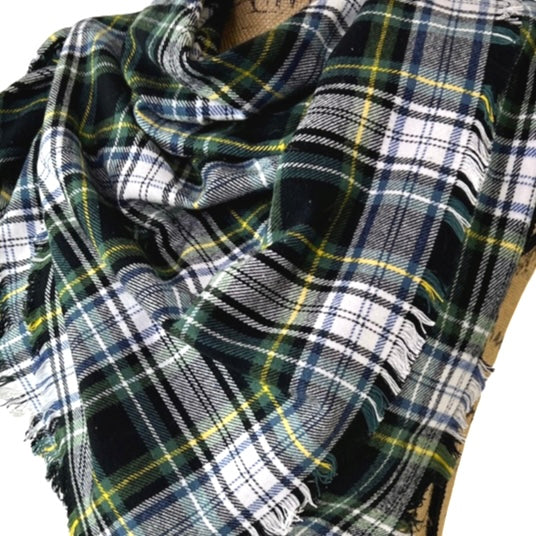 Evergreen, Black, White, Dusty Blue and Yellow Tartan Plaid Flannel Infinity or Blanket Scarf