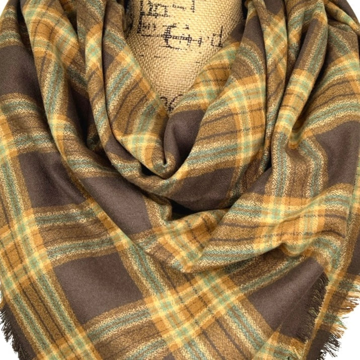 Tartan of Dark Brown, Caramel, Cream and Light Teal Blue Luxe Collection Plaid Infinity and Blanket Scarves