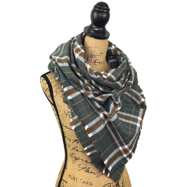 Warm Dark Smoky Green, Dark Pumpkin and White Plaid Luxe Collection Infinity and Blanket Scarves