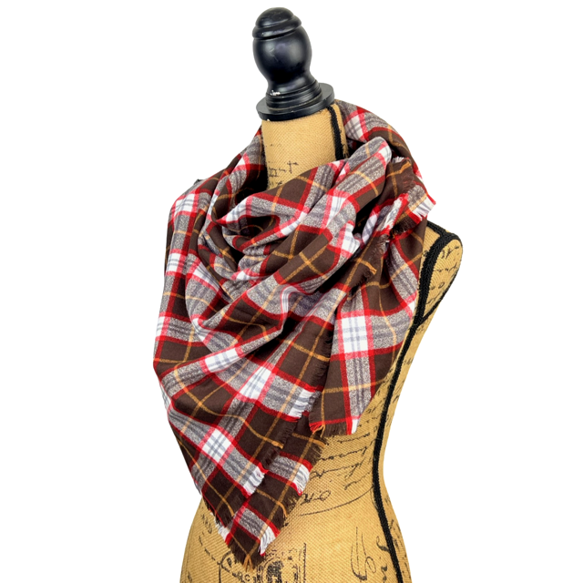 Dark Chocolate, Red and White with Butterscotch Accent Luxe Collection Plaid Infinity and Blanket Scarves