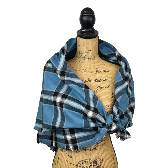 Dusty Blue, Black, White and Tan Plaid Flannel Infinity or Blanket Scarf