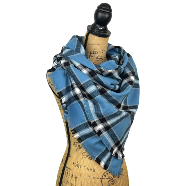 Dusty Blue, Black, White and Tan Plaid Flannel Infinity or Blanket Scarf