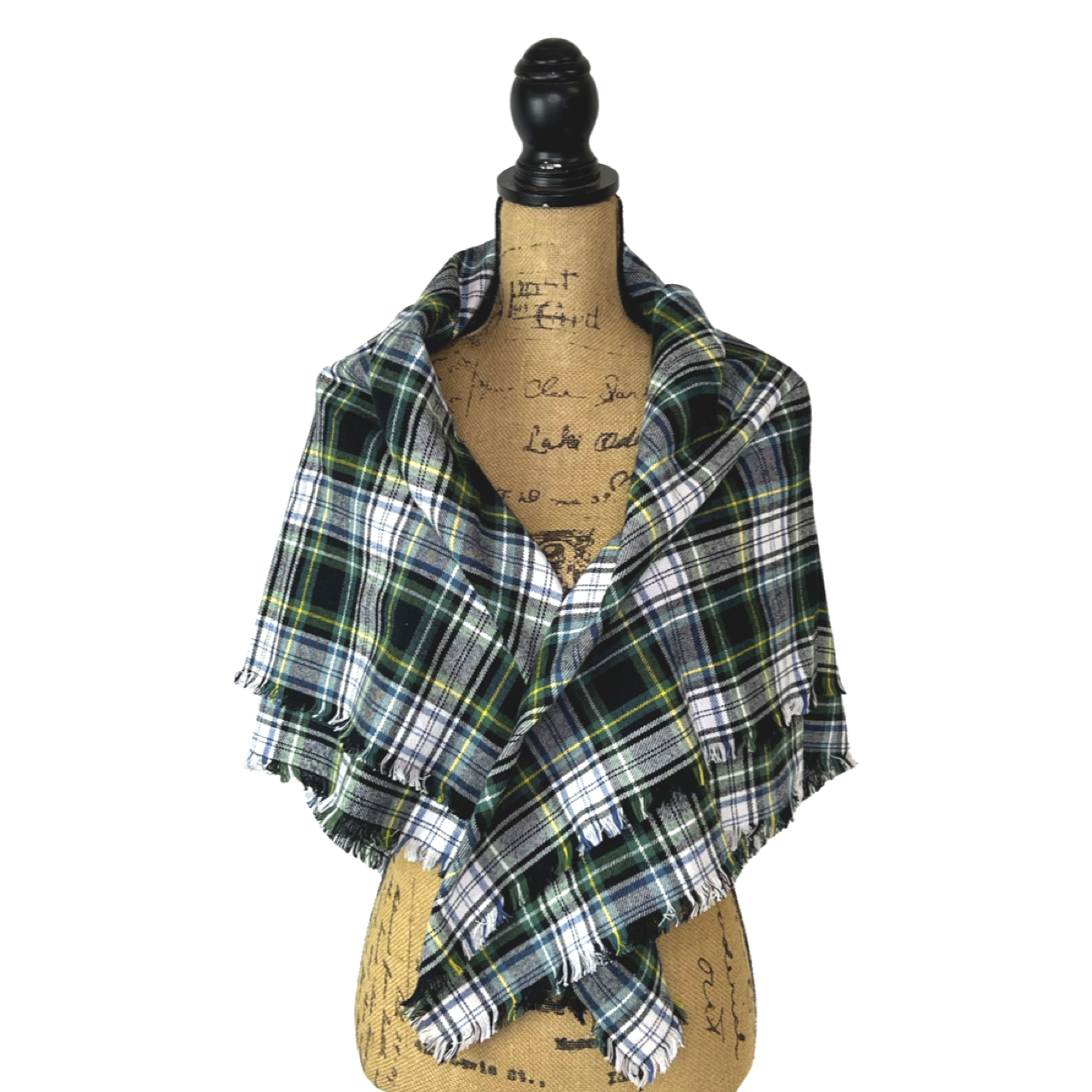 Evergreen, Black, White, Dusty Blue and Yellow Tartan Plaid Flannel Infinity or Blanket Scarf