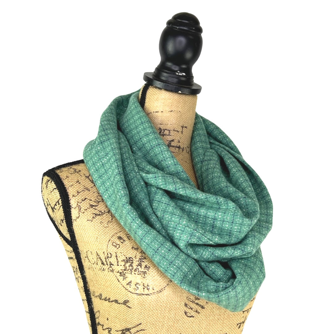 Seafoam Green Small Check with Dusty Blue and White Plaid Flannel Infinity or Blanket Scarf