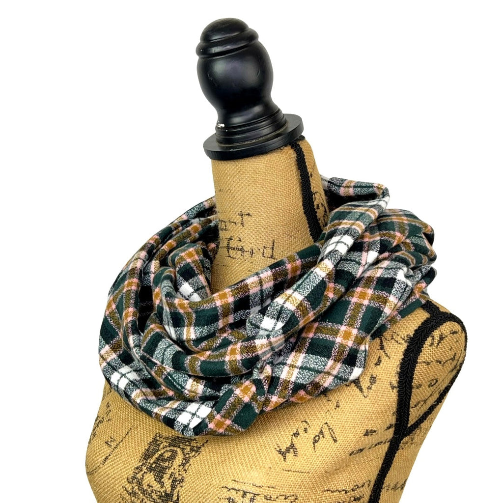 Dark Forest Green, Black, White, Caramel and Pale Pink Plaid Flannel Infinity or Blanket Scarf