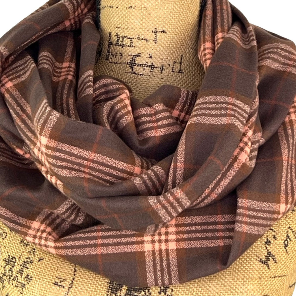 Dark and Milk Chocolate Browns with Muted Pink and Rust Accent 100% Organic Cotton Plaid Infinity and Blanket Scarves