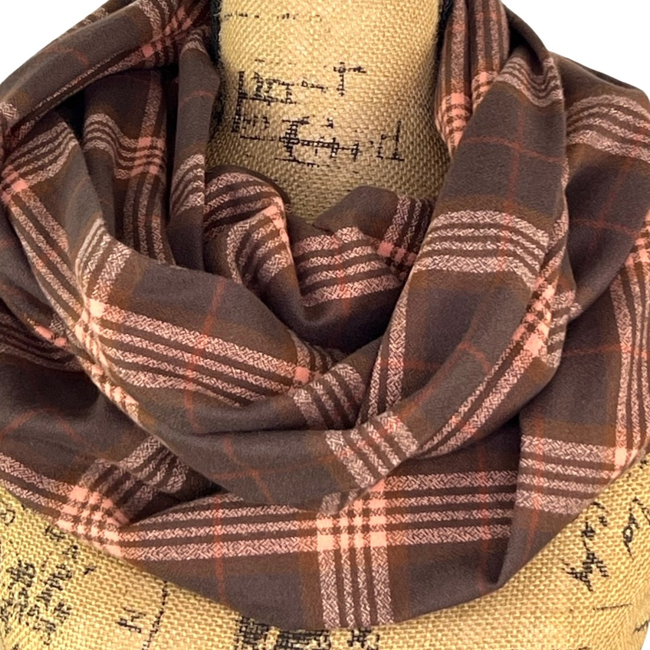 Dark and Milk Chocolate Browns with Muted Pink and Rust Accent 100% Organic Cotton Plaid Infinity and Blanket Scarves
