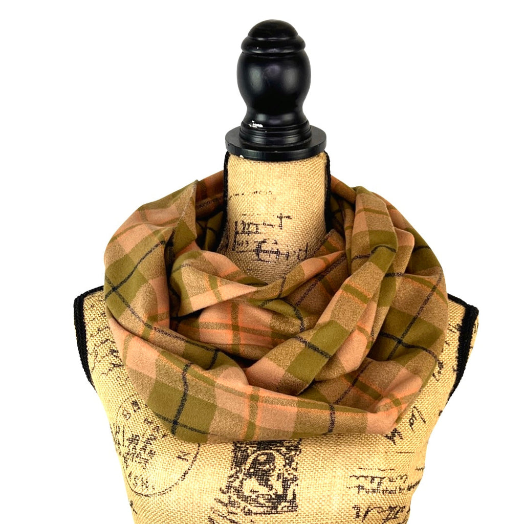 100% Organic Cotton Olive Green and Blush with Salmon and Deep Amethyst Accent Plaid Infinity and Blanket Scarves