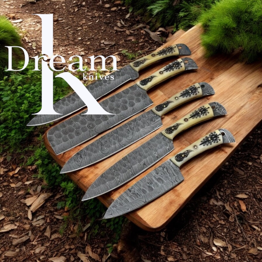 Hand-Forged Damascus Steel Cooking Knives Set – 13" Camel Bone Handle