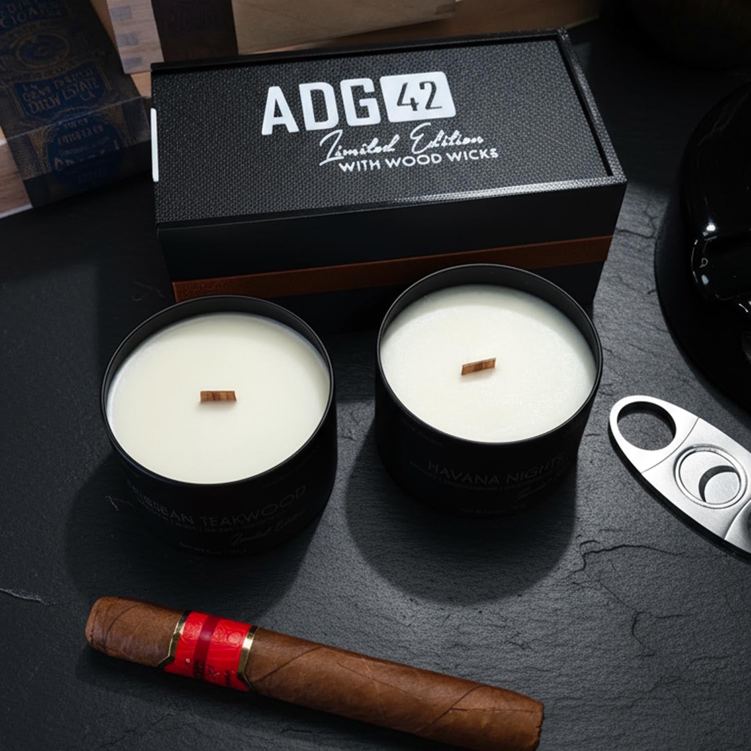 2 Wood Wick Candle Set for Men | Masculine Scent | Storage & Gift Box