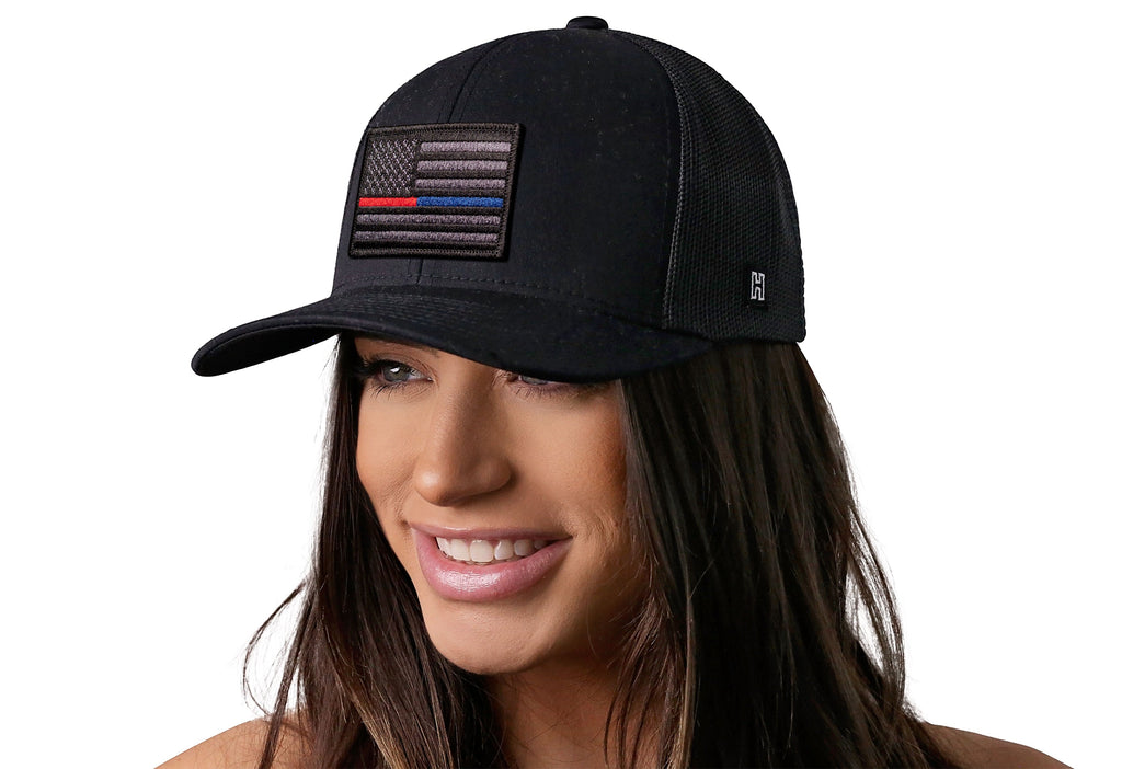 Thin Red and Blue Line Trucker Hat  |  Black Police And Fire Tactical Snapback