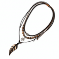Handmade Feather Pendant Necklace – Boho Layered Leather Cord Necklace